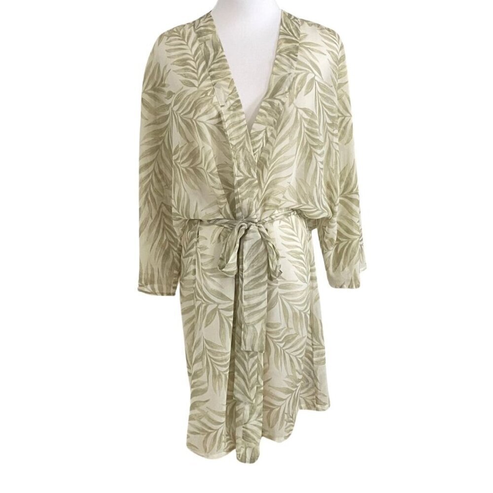 OYSHO WHITE GREEN LEAVES PATTERN SHEER LIGHTWEIGHT BELTED ROBE COVER-UP - M - Picture 2 of 11